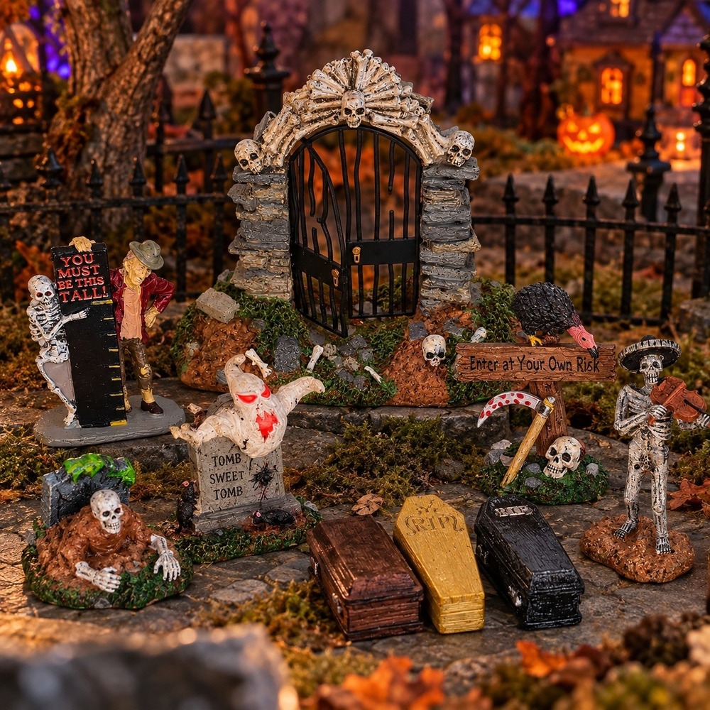 Lemax Spooky Town Retired Cemetery Graveyard Gate Figurines Coffins Lot